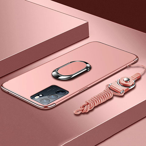 Handyhülle Hülle Luxus Metall Rahmen und Kunststoff Schutzhülle Hartschalen Tasche mit Fingerring Ständer für Oppo Reno6 5G Rosegold