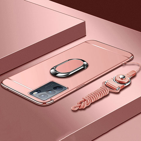 Handyhülle Hülle Luxus Metall Rahmen und Kunststoff Schutzhülle Hartschalen Tasche mit Fingerring Ständer für Oppo Reno6 Pro 5G India Rosegold