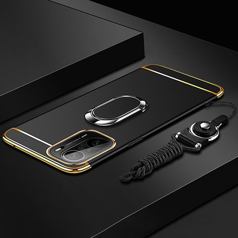 Handyhülle Hülle Luxus Metall Rahmen und Kunststoff Schutzhülle Hartschalen Tasche mit Fingerring Ständer für Xiaomi Poco F3 5G Schwarz
