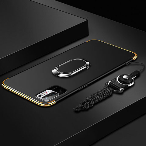 Handyhülle Hülle Luxus Metall Rahmen und Kunststoff Schutzhülle Hartschalen Tasche mit Fingerring Ständer für Xiaomi POCO M3 Pro 5G Schwarz
