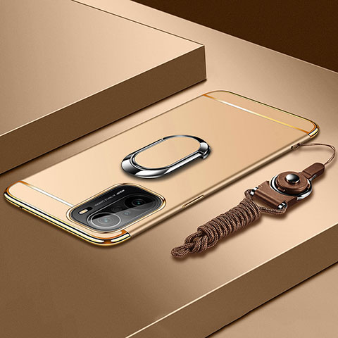 Handyhülle Hülle Luxus Metall Rahmen und Kunststoff Schutzhülle Hartschalen Tasche mit Fingerring Ständer für Xiaomi Redmi K40 5G Gold