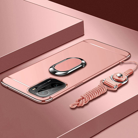 Handyhülle Hülle Luxus Metall Rahmen und Kunststoff Schutzhülle Hartschalen Tasche mit Fingerring Ständer für Xiaomi Redmi K40 5G Rosegold