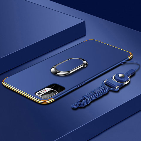 Handyhülle Hülle Luxus Metall Rahmen und Kunststoff Schutzhülle Hartschalen Tasche mit Fingerring Ständer für Xiaomi Redmi Note 10 5G Blau