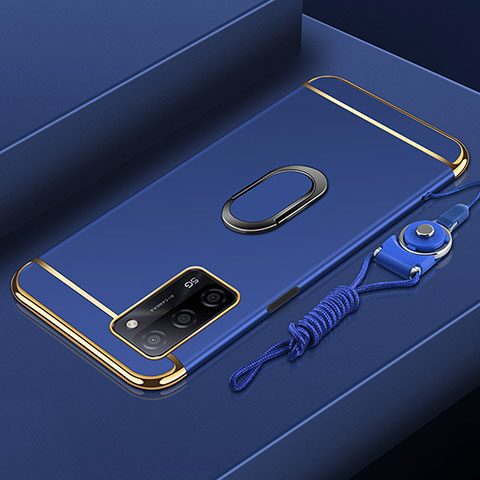 Handyhülle Hülle Luxus Metall Rahmen und Kunststoff Schutzhülle Hartschalen Tasche mit Fingerring Ständer P01 für Oppo A53s 5G Blau