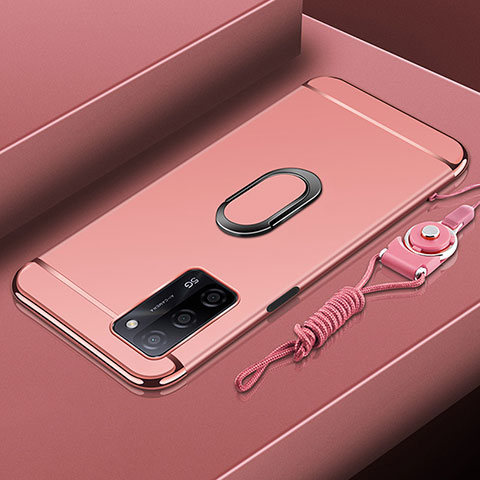 Handyhülle Hülle Luxus Metall Rahmen und Kunststoff Schutzhülle Hartschalen Tasche mit Fingerring Ständer P01 für Oppo A53s 5G Rosegold