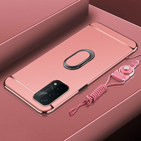 Handyhülle Hülle Luxus Metall Rahmen und Kunststoff Schutzhülle Hartschalen Tasche mit Fingerring Ständer P01 für Oppo A74 5G Rosegold