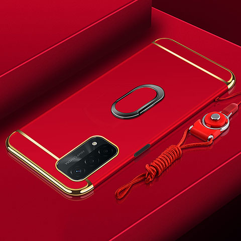 Handyhülle Hülle Luxus Metall Rahmen und Kunststoff Schutzhülle Hartschalen Tasche mit Fingerring Ständer P01 für Oppo A74 5G Rot