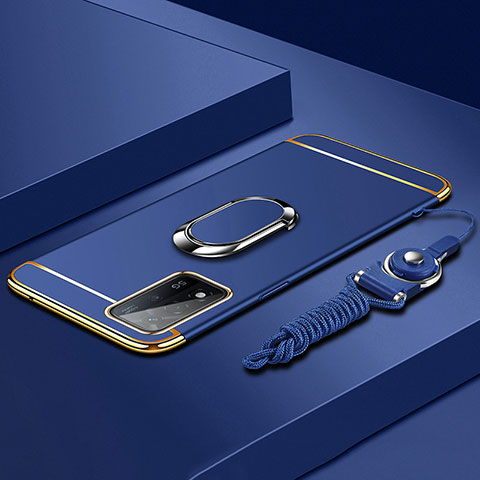 Handyhülle Hülle Luxus Metall Rahmen und Kunststoff Schutzhülle Hartschalen Tasche mit Fingerring Ständer P01 für Oppo A93s 5G Blau