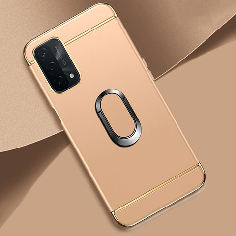 Handyhülle Hülle Luxus Metall Rahmen und Kunststoff Schutzhülle Hartschalen Tasche mit Fingerring Ständer P02 für Oppo A74 5G Gold