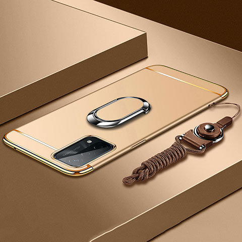 Handyhülle Hülle Luxus Metall Rahmen und Kunststoff Schutzhülle Hartschalen Tasche mit Fingerring Ständer P03 für Oppo A74 5G Gold