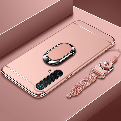 Handyhülle Hülle Luxus Metall Rahmen und Kunststoff Schutzhülle Hartschalen Tasche mit Fingerring Ständer und Lanyard für Realme X50t 5G Rosegold