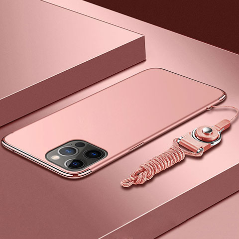 Handyhülle Hülle Luxus Metall Rahmen und Kunststoff Schutzhülle Hartschalen Tasche mit Lanyard für Apple iPhone 13 Pro Max Rosegold