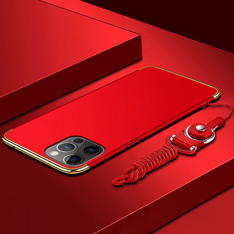 Handyhülle Hülle Luxus Metall Rahmen und Kunststoff Schutzhülle Hartschalen Tasche mit Lanyard für Apple iPhone 14 Pro Max Rot