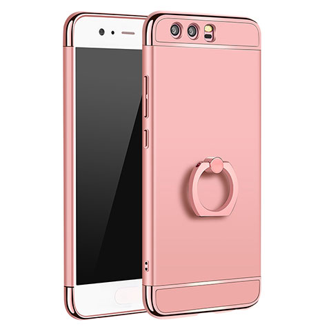 Handyhülle Hülle Luxus Metall Rahmen und Kunststoff Schutzhülle Tasche mit Fingerring Ständer A01 für Huawei P10 Plus Rosegold