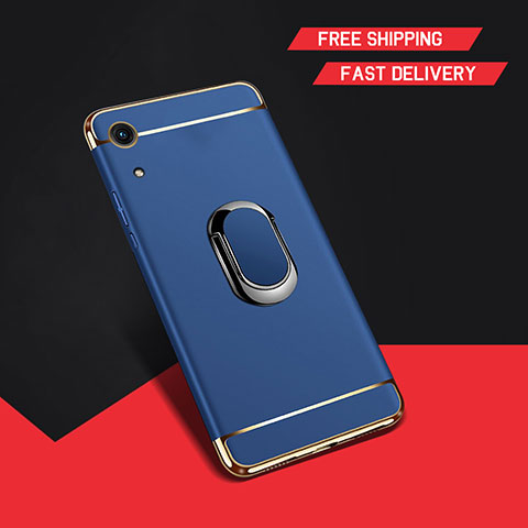 Handyhülle Hülle Luxus Metall Rahmen und Kunststoff Schutzhülle Tasche mit Fingerring Ständer A01 für Huawei Y6 Prime (2019) Blau
