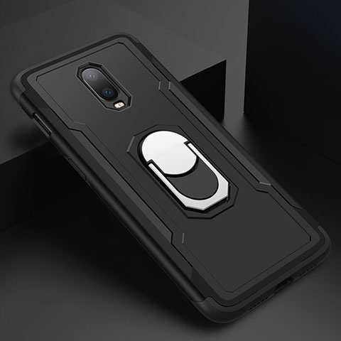 Handyhülle Hülle Luxus Metall Rahmen und Kunststoff Schutzhülle Tasche mit Fingerring Ständer A01 für OnePlus 6T Schwarz