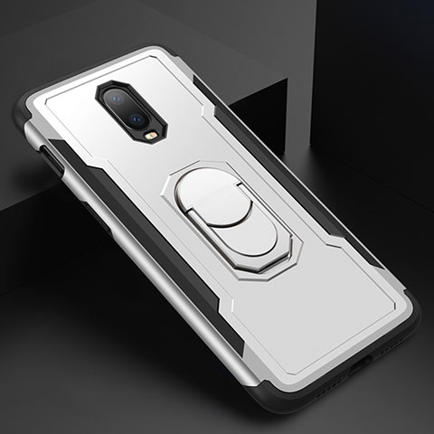 Handyhülle Hülle Luxus Metall Rahmen und Kunststoff Schutzhülle Tasche mit Fingerring Ständer A01 für OnePlus 6T Silber