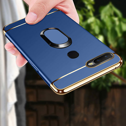 Handyhülle Hülle Luxus Metall Rahmen und Kunststoff Schutzhülle Tasche mit Fingerring Ständer A01 für Oppo A7 Blau