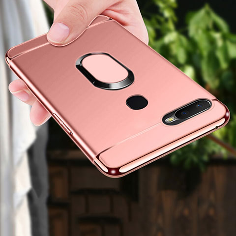 Handyhülle Hülle Luxus Metall Rahmen und Kunststoff Schutzhülle Tasche mit Fingerring Ständer A01 für Oppo A7 Rosegold