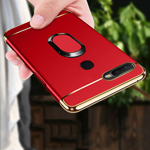 Handyhülle Hülle Luxus Metall Rahmen und Kunststoff Schutzhülle Tasche mit Fingerring Ständer A01 für Oppo A7 Rot