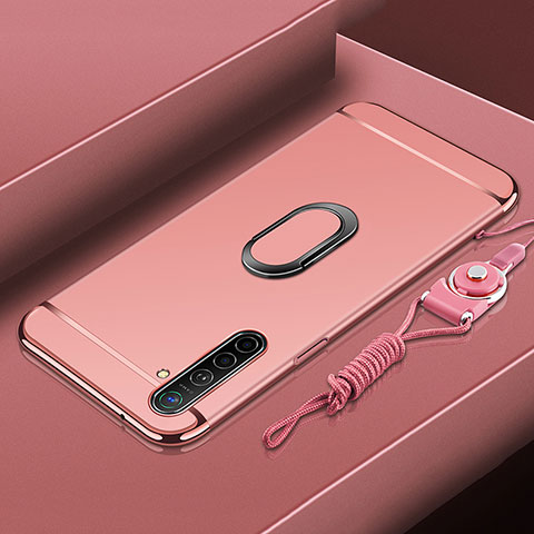 Handyhülle Hülle Luxus Metall Rahmen und Kunststoff Schutzhülle Tasche mit Fingerring Ständer A01 für Oppo K5 Rosegold