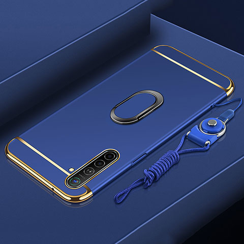 Handyhülle Hülle Luxus Metall Rahmen und Kunststoff Schutzhülle Tasche mit Fingerring Ständer A01 für Realme XT Blau