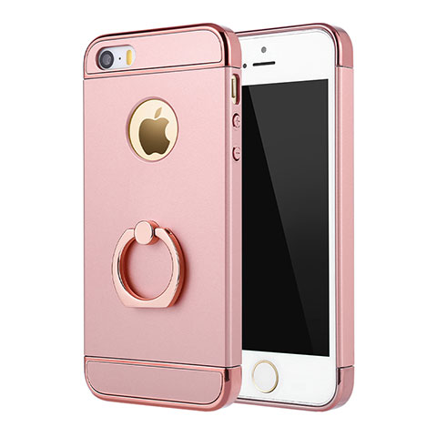 Handyhülle Hülle Luxus Metall Rahmen und Kunststoff Schutzhülle Tasche mit Fingerring Ständer A02 für Apple iPhone 5 Rosa