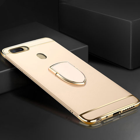 Handyhülle Hülle Luxus Metall Rahmen und Kunststoff Schutzhülle Tasche mit Fingerring Ständer A02 für Oppo A7 Gold