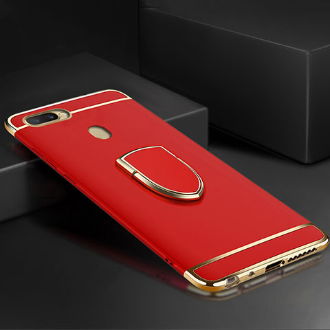 Handyhülle Hülle Luxus Metall Rahmen und Kunststoff Schutzhülle Tasche mit Fingerring Ständer A02 für Oppo A7 Rot