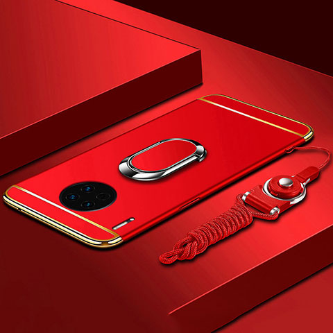 Handyhülle Hülle Luxus Metall Rahmen und Kunststoff Schutzhülle Tasche mit Fingerring Ständer T01 für Huawei Mate 30E Pro 5G Rot