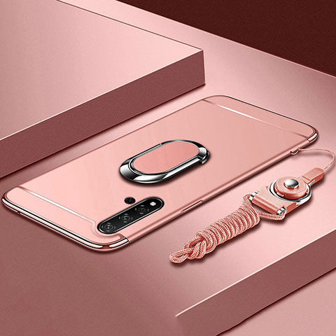 Handyhülle Hülle Luxus Metall Rahmen und Kunststoff Schutzhülle Tasche mit Fingerring Ständer T01 für Huawei Nova 5 Rosegold