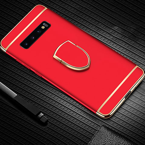 Handyhülle Hülle Luxus Metall Rahmen und Kunststoff Schutzhülle Tasche mit Fingerring Ständer T01 für Samsung Galaxy S10 5G Rot