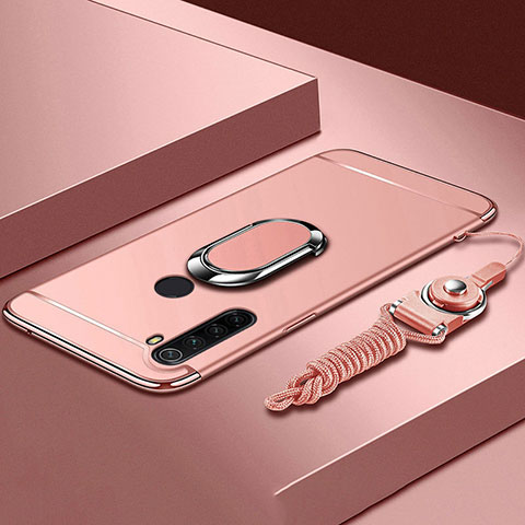 Handyhülle Hülle Luxus Metall Rahmen und Kunststoff Schutzhülle Tasche mit Fingerring Ständer T01 für Xiaomi Redmi Note 8 (2021) Rosegold