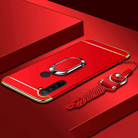 Handyhülle Hülle Luxus Metall Rahmen und Kunststoff Schutzhülle Tasche mit Fingerring Ständer T01 für Xiaomi Redmi Note 8 (2021) Rot