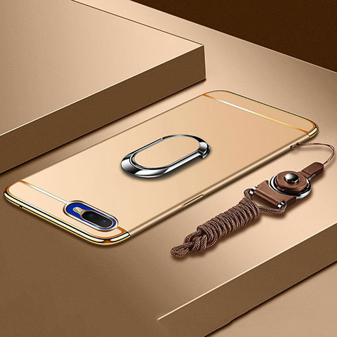 Handyhülle Hülle Luxus Metall Rahmen und Kunststoff Schutzhülle Tasche mit Fingerring Ständer T02 für Oppo R15X Gold