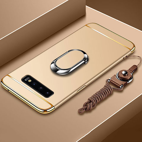 Handyhülle Hülle Luxus Metall Rahmen und Kunststoff Schutzhülle Tasche mit Fingerring Ständer T02 für Samsung Galaxy S10 Gold