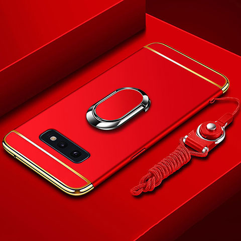 Handyhülle Hülle Luxus Metall Rahmen und Kunststoff Schutzhülle Tasche mit Fingerring Ständer T02 für Samsung Galaxy S10e Rot