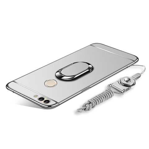 Handyhülle Hülle Luxus Metall Rahmen und Kunststoff Schutzhülle Tasche mit Fingerring Ständer und Lanyard für Huawei Enjoy 8 Plus Silber