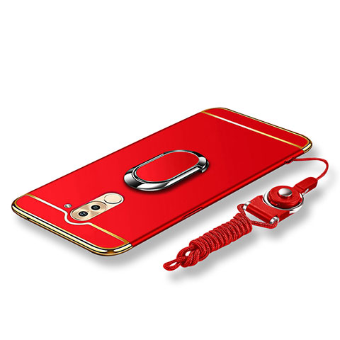 Handyhülle Hülle Luxus Metall Rahmen und Kunststoff Schutzhülle Tasche mit Fingerring Ständer und Lanyard für Huawei GR5 (2017) Rot