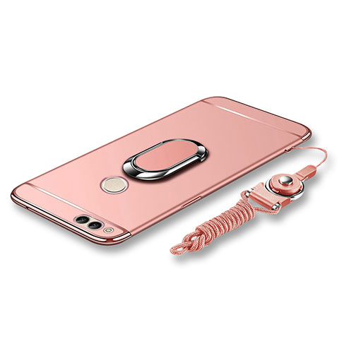 Handyhülle Hülle Luxus Metall Rahmen und Kunststoff Schutzhülle Tasche mit Fingerring Ständer und Lanyard für Huawei Honor 7X Rosegold