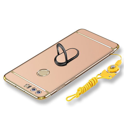 Handyhülle Hülle Luxus Metall Rahmen und Kunststoff Schutzhülle Tasche mit Fingerring Ständer und Lanyard für Huawei Honor 8 Gold