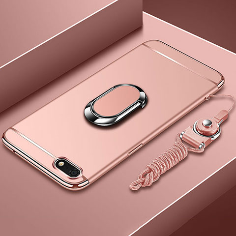 Handyhülle Hülle Luxus Metall Rahmen und Kunststoff Schutzhülle Tasche mit Fingerring Ständer und Lanyard für Huawei Honor Play 7 Rosegold