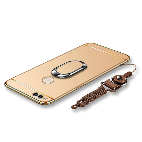 Handyhülle Hülle Luxus Metall Rahmen und Kunststoff Schutzhülle Tasche mit Fingerring Ständer und Lanyard für Huawei Honor Play 7X Gold