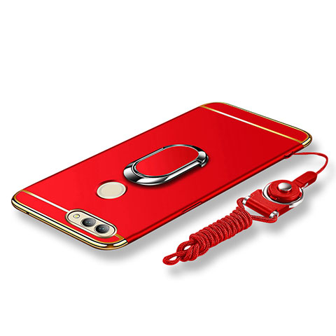 Handyhülle Hülle Luxus Metall Rahmen und Kunststoff Schutzhülle Tasche mit Fingerring Ständer und Lanyard für Huawei Nova 2 Plus Rot