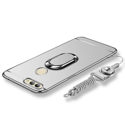 Handyhülle Hülle Luxus Metall Rahmen und Kunststoff Schutzhülle Tasche mit Fingerring Ständer und Lanyard für Huawei Nova 2 Plus Silber