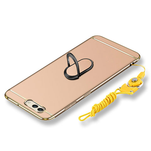 Handyhülle Hülle Luxus Metall Rahmen und Kunststoff Schutzhülle Tasche mit Fingerring Ständer und Lanyard für Huawei Nova 2S Gold