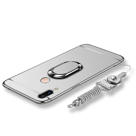 Handyhülle Hülle Luxus Metall Rahmen und Kunststoff Schutzhülle Tasche mit Fingerring Ständer und Lanyard für Huawei Nova 3e Silber