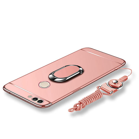 Handyhülle Hülle Luxus Metall Rahmen und Kunststoff Schutzhülle Tasche mit Fingerring Ständer und Lanyard für Huawei P Smart Rosegold