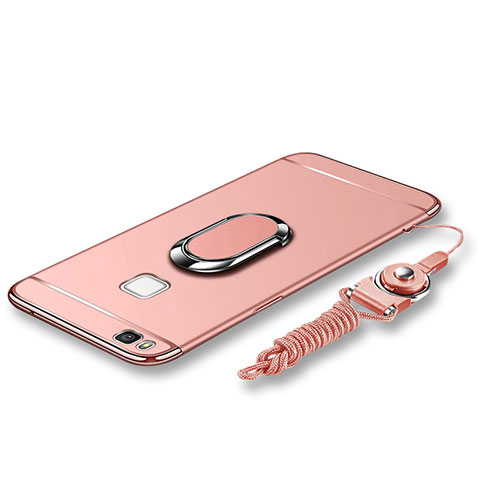 Handyhülle Hülle Luxus Metall Rahmen und Kunststoff Schutzhülle Tasche mit Fingerring Ständer und Lanyard für Huawei P9 Lite Rosegold