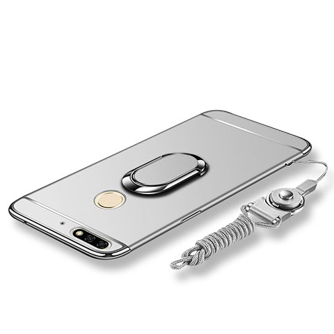 Handyhülle Hülle Luxus Metall Rahmen und Kunststoff Schutzhülle Tasche mit Fingerring Ständer und Lanyard für Huawei Y7 (2018) Silber